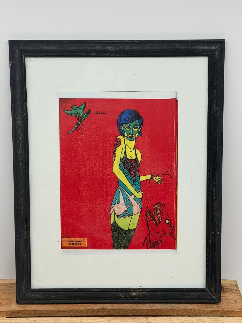 Framed Underground Pop Art Print – "Evil Bird" & Macabre Figure (9.5" x 12")